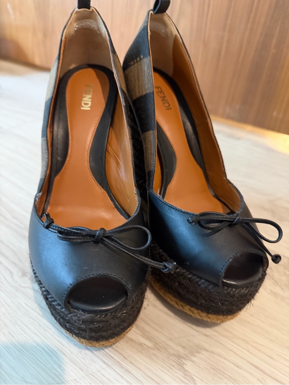 Fendi Black Leather Peep-Toe Platform Espadrille Wedges